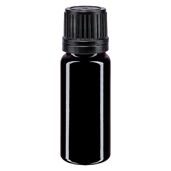 Violetglas fles 10ml DIN 18 met druppelsluiting Premium 1 mm zwart, garantiesluiting (OV)