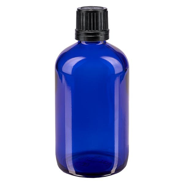 Blauwe glazen flessen 100ml met zwart druppelsluiting 1mm VR