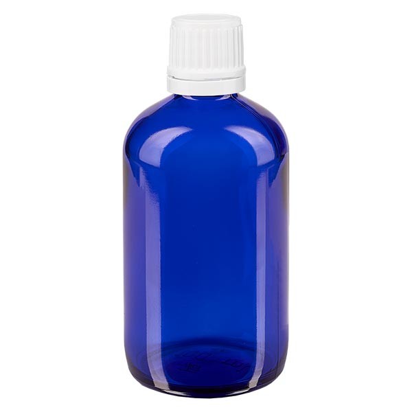 Blauwe glazen flessen 100ml met wit druppelsluiting 1.2mm VR