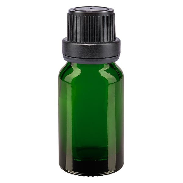 Groenen glazen flessen 10ml met zwart schroefsluiting dicht. VR