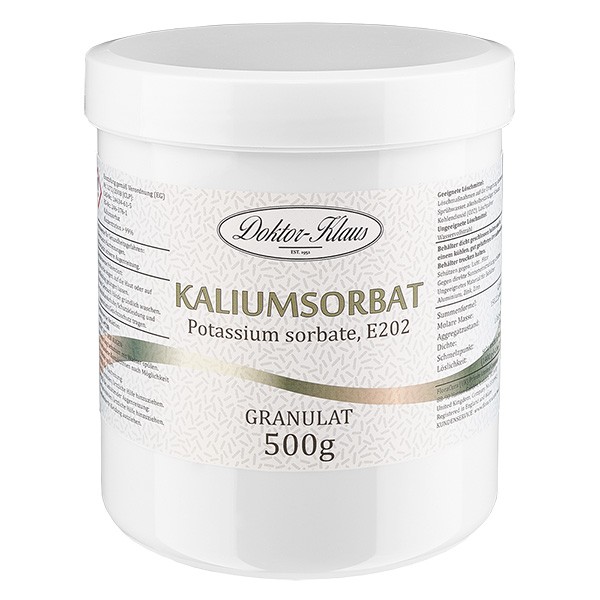 500 g kaliumsorbaat, in pot met witte schroefdop.