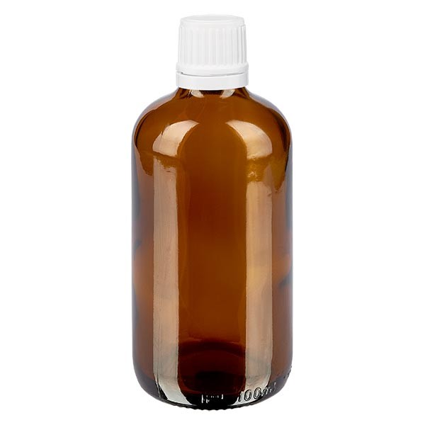 Bruine glazen fles 100ml met wit druppelsluiting 1.2mm VR