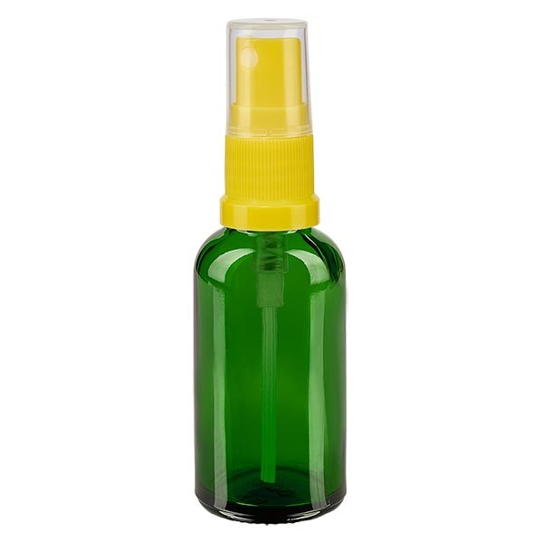 Groenen glazen flessen 30ml met geel pompverstuiver