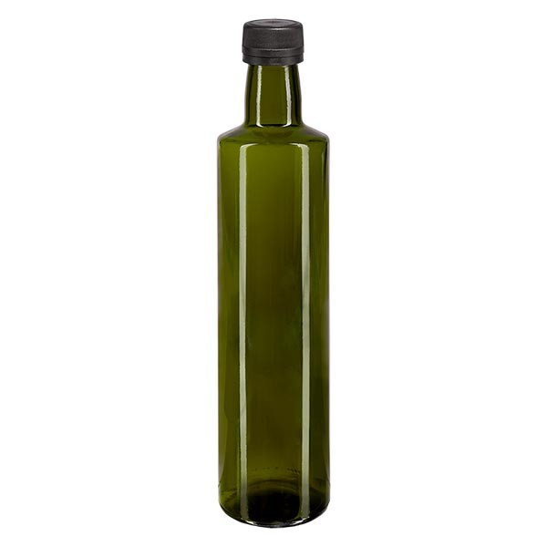 500 ml likeurfles rond olijfgroen glas incl. schroefsluiting zwart (PP 31,5 mm) met uitgietring met garantiesluiting (OV)