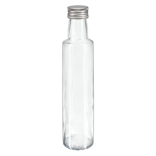 250 ml likeurfles rond helder glas incl. aluminium schroefsluiting zilver (PP 31.5 mm)