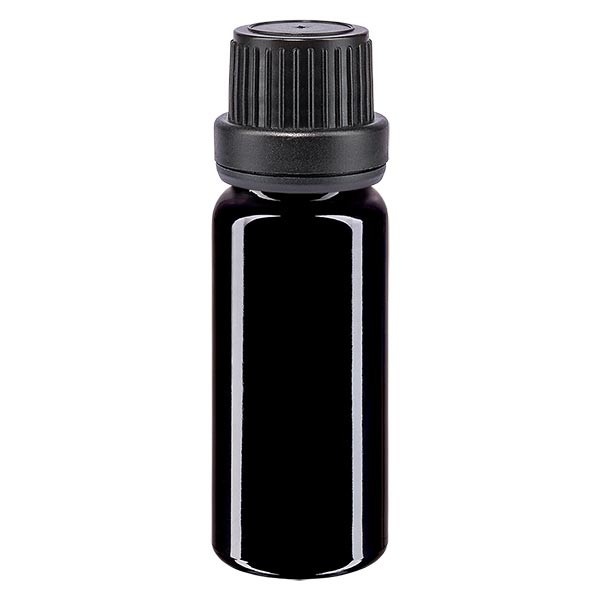 Violetglas fles 10ml DIN 18 met druppelsluiting Premium 2 mm zwart, garantiesluiting (OV)