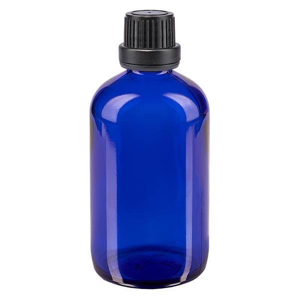 Blauwe glazen flessen 100ml met zwart druppelsluiting 2mm VR