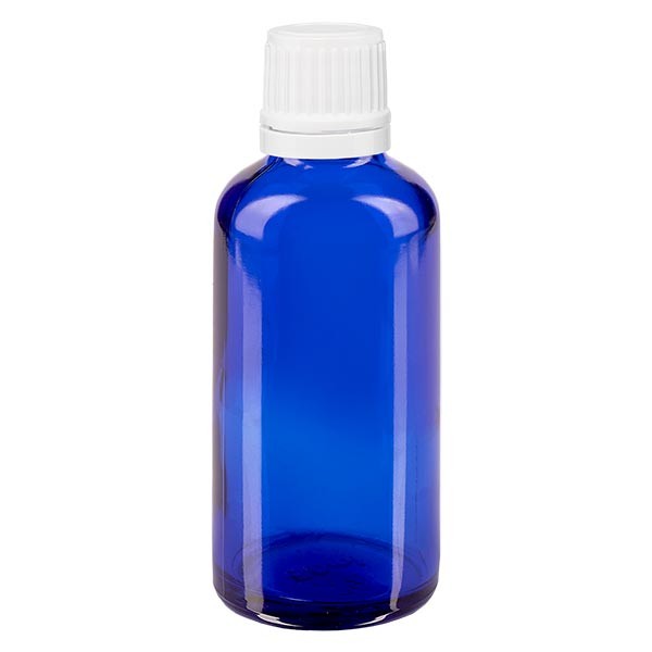 Blauwe glazen flessen 50ml met wit druppelsluiting 1.2mm VR