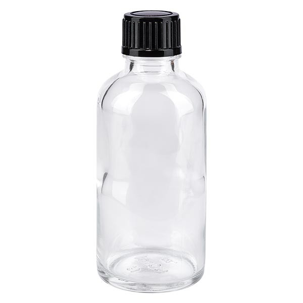 Helder glazen flessen 50ml met zwart druppelsluiting 1mm St
