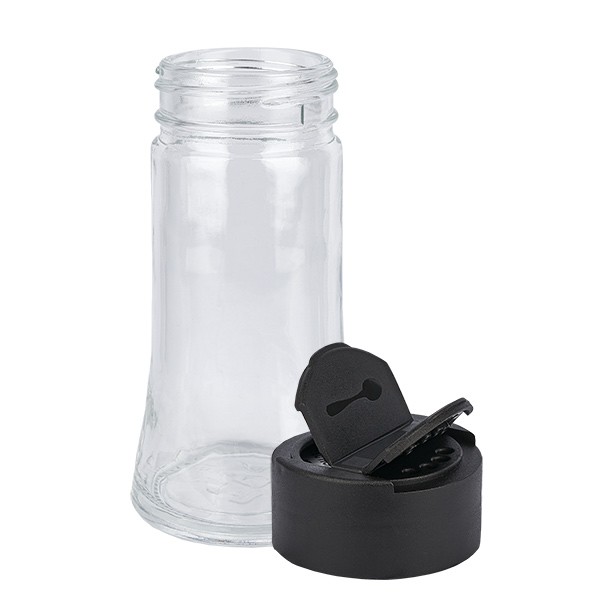 Specerijenglas cilindervorm 100 ml met 41 mm schroefdraad, helder glas, incl. molen-schroefsluiting zwart