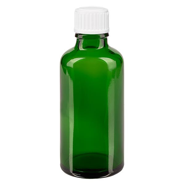 Groenen glazen flessen 50ml met wit druppelsluiting 0.8mm St