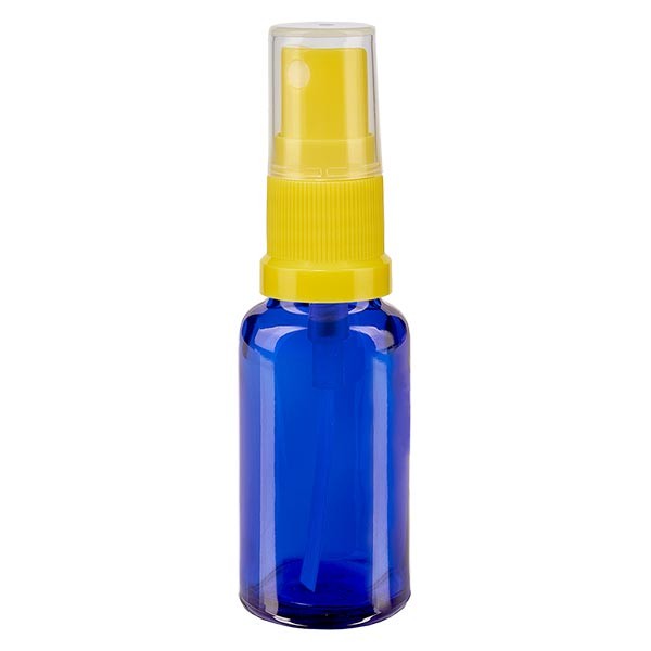 Blauwe glazen flessen 20ml met geel pompverstuiver