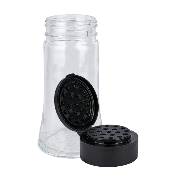 Specerijenglas cilindervorm 100 ml met 41 mm schroefdraad, helder glas, incl. molen-schroefsluiting zwart