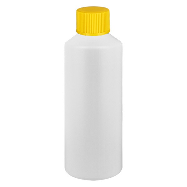 PET cilinderfles 100ml wit met schroefsluiting geel