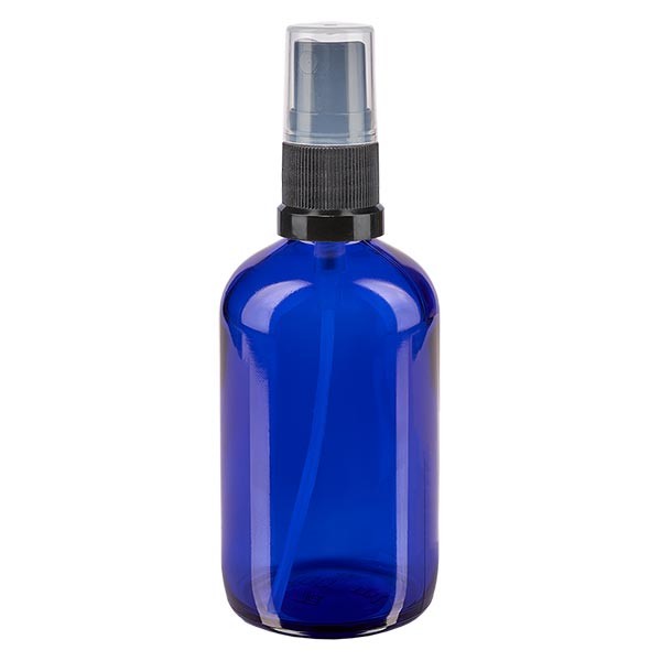 Blauwe glazen flessen 100ml met zwart pompverstuiver