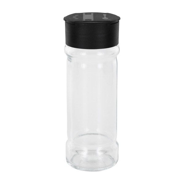 Glazen kruidenpotje cilindervorm 100 ml met 41 ml schroefdraad, helder glas incl. strooi-schroefsluiting, zwart