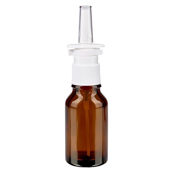 Fles van bruin glas 15 ml met neusverstuiver wit