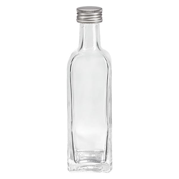 60 ml likeurfles hoekig helder glas incl. aluminium schroefsluiting zilver (PP 18 mm)