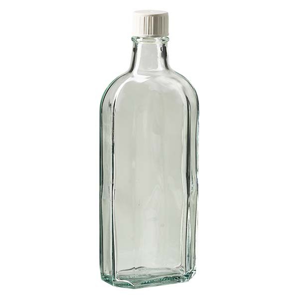 250 ml witte meplatfles met DIN 22 monding, inclusief schroefsluiting DIN 22 wit met gietring