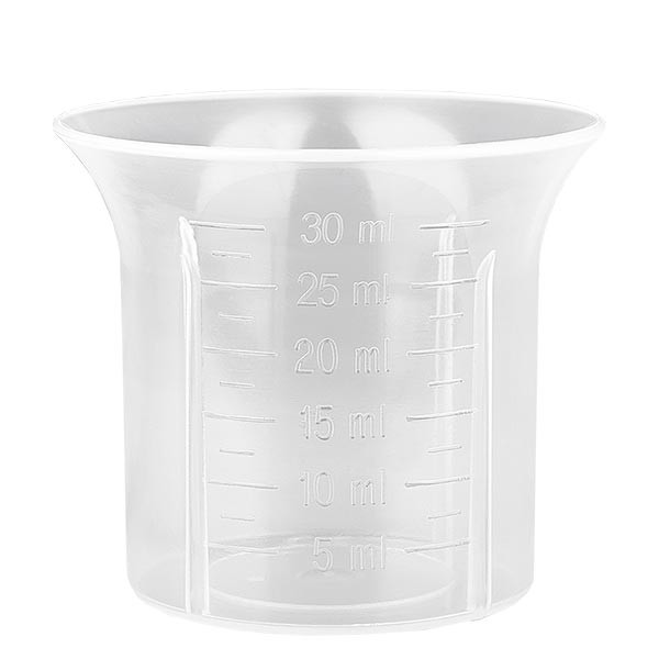 30 ml blanke doseerbeker voor schroefsluiting wit 28mm maatverdeling vanaf 5 ml in stappen van 2,5ml