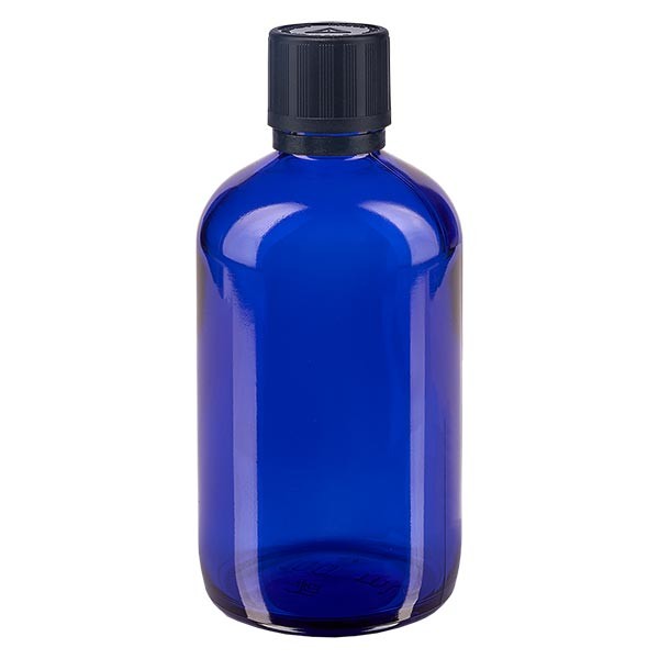 Blauwe glazen flessen 100ml met zwart druppelsluiting 1mm kinderslot Bliw. VR