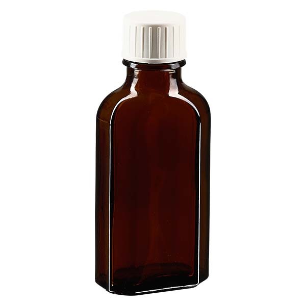 50 ml braune Meplatflasche mit DIN 22 Mündung, inklusive Schraubverschluss DIN 22 weiß 