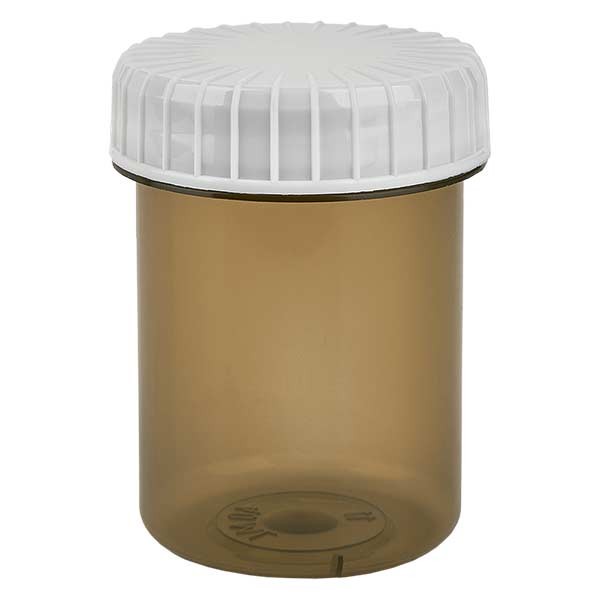 Kunststof pot 40 ml transparant met geribbeld wit schroefdeksel van PE, type sluiting Standaard