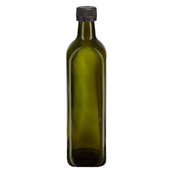 750 ml likeurfles vierkant olijfgroen glas incl. schroefsluiting zwart (PP 31,5 mm) met uitgietring met garantiesluiting (OV)