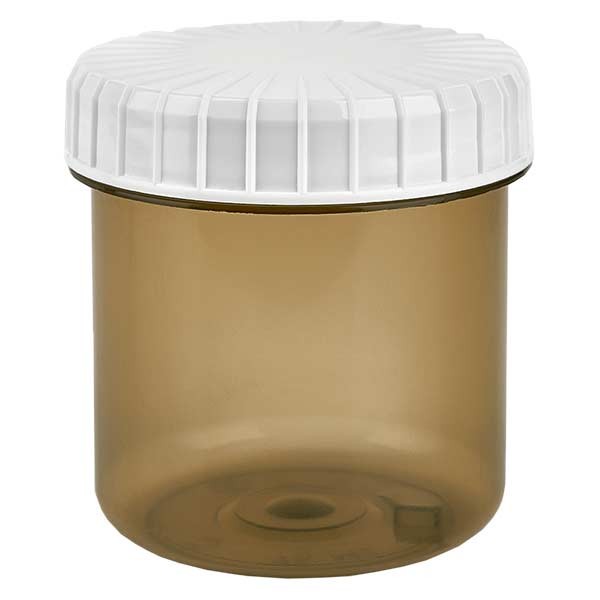 Kunststof pot 75 ml transparant met geribbeld wit schroefdeksel van PE, type sluiting Standaard