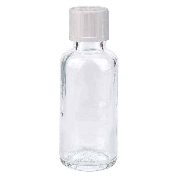 Helder glazen flessen 30ml met wit schroefsluiting kinderslot St