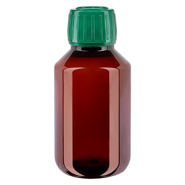 PET medicijnfles 100ml bruin (Veral fles) PP28, met groene OV