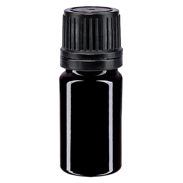 Apothekersfles violet glas 5 ml druppelsluiting Premium 1 mm zwart, garantiesluiting (OV)