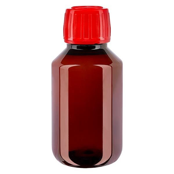 PET medicijnfles 100ml bruin (Veral fles) PP28, met rood OV
