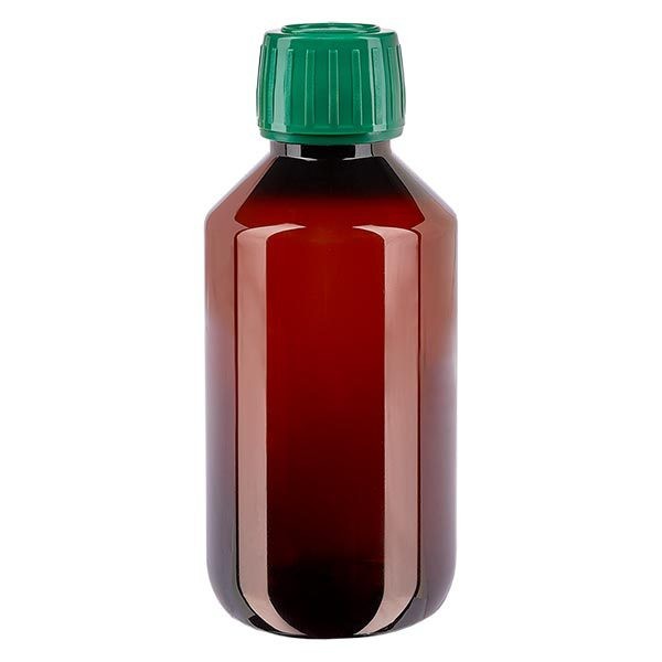 PET medicijnfles 200ml bruin (Veral fles) PP28, met groene OV