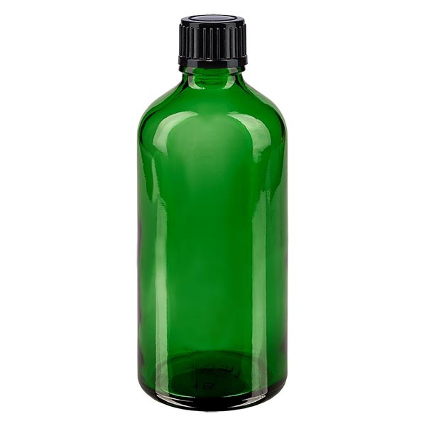 Groenen glazen flessen 100ml met zwart druppelsluiting 1mm St