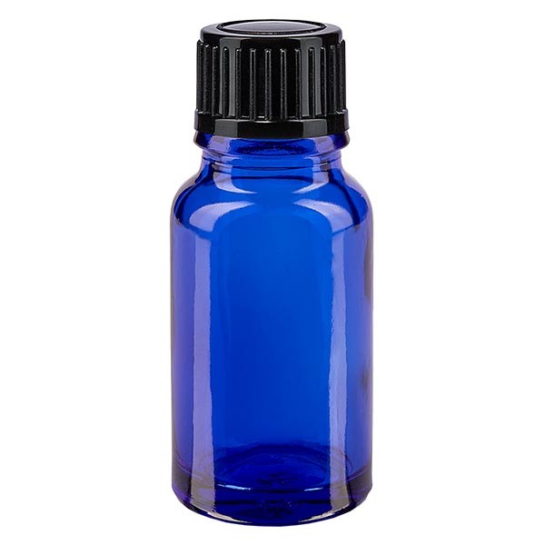 Blauwe glazen flessen 10ml met zwart 1mm druppelstop St