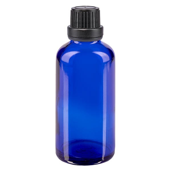 Blauwe glazen flessen 50ml met zwart schroefsluiting dicht. VR