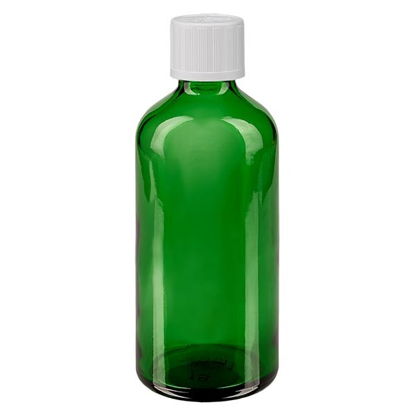 Groenen glazen flessen 100ml met wit schroefsluiting kinderslot St
