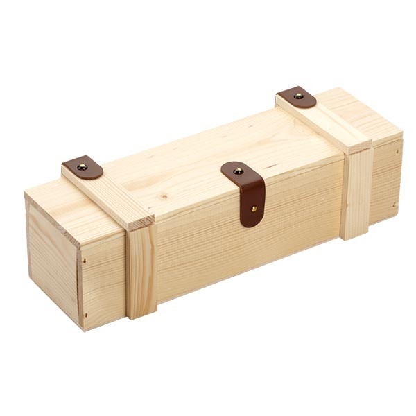 Houten box met klapdeksel en lederen beslag 34 x 9 x 9 cm gesloten: