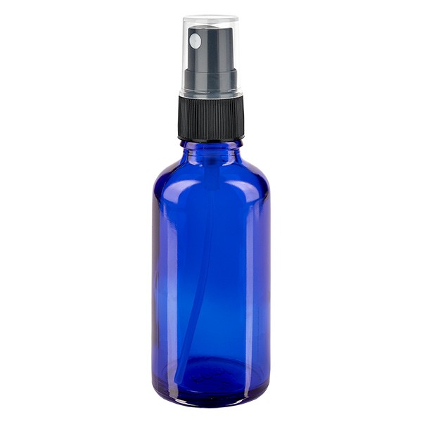 Blauwe glazen flessen 50ml met zwart pompverstuiver