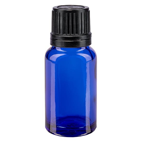 Blauwe glazen flessen 10ml met zwart druppelstop OV