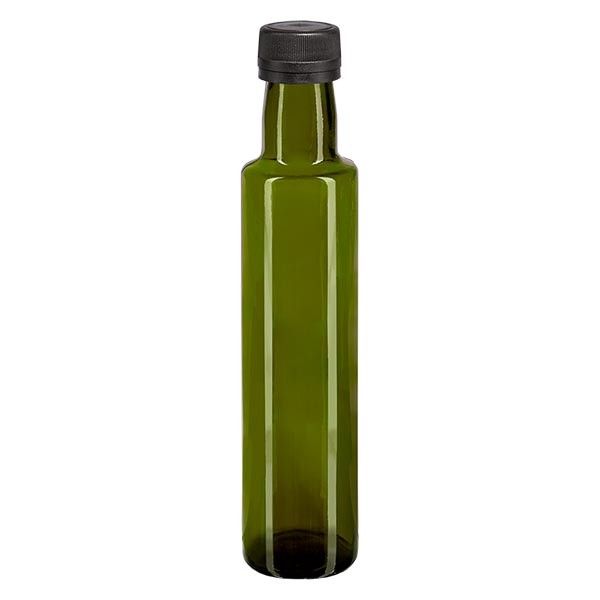 250 ml likeurfles rond olijfgroen glas incl. schroefsluiting zwart (PP 31,5 mm) met uitgietring met garantiesluiting (OV)