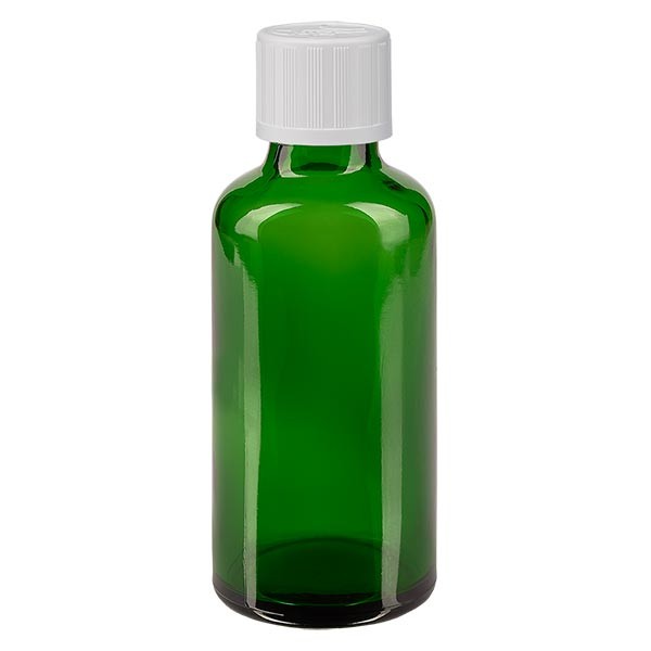 Groenen glazen flessen 50ml met wit druppelsluiting kinderslot St