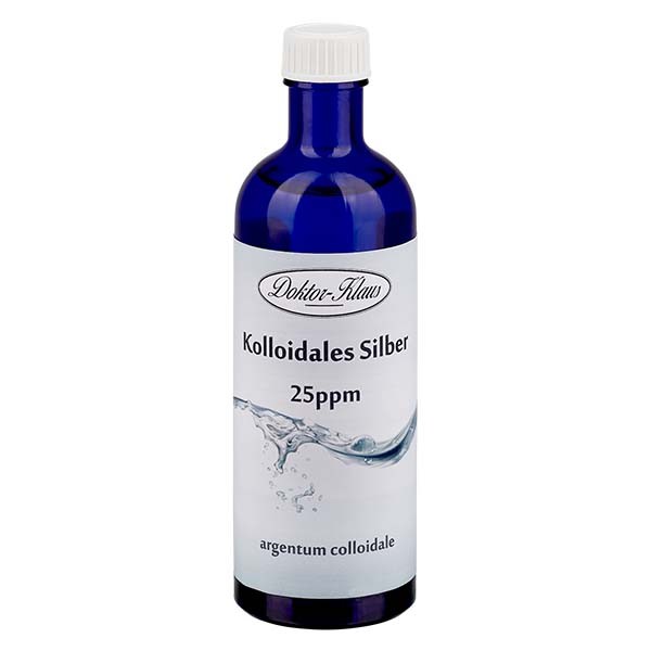 200 ml colloïdaal zilver Doktor-Klaus, 25ppm, blauwe glazen fles met dop met verzegelring