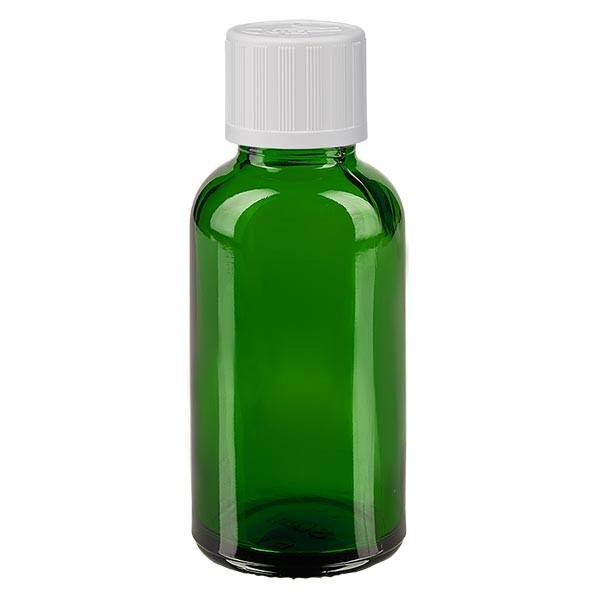Groenen glazen flessen 30ml met wit schroefsluiting kinderslot St