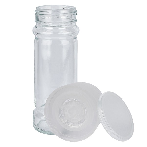 Specerijenglas cilindervorm 100 ml met 41 mm schroefdraad, helder glas, incl. molen-schroefsluiting transparant