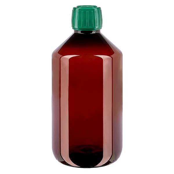 PET medicijnfles 500ml bruin (PET medicijnfles) PP28, met groene OV