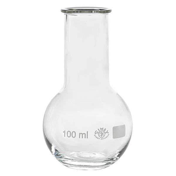 Platbodem kolf 100ml wijde hals borosilicaat met afgeronde rand