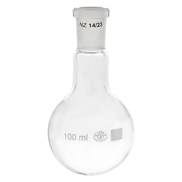 Platbodem kolf 100ml nauwe hals borosilicaat met slijpstuk 14/23