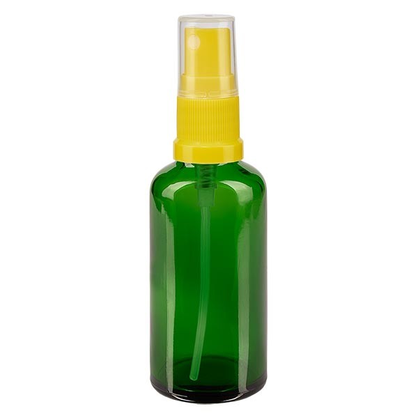 Groenen glazen flessen 50ml met geel pompverstuiver